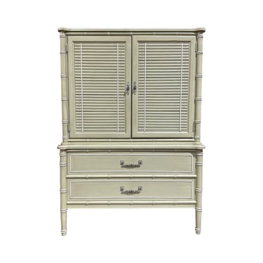 Henry Link Bali Hai Armoire Dresser with Faux Bamboo & Louvered Shutter Doors - Vintage Sage Green Hollywood Regency Chinoiserie Coastal 