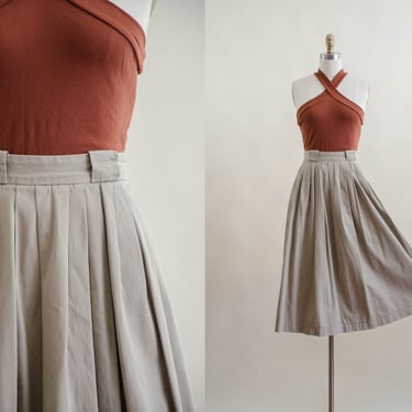 greige khaki midi skirt | 80s vintage Ralph Lauren light dark academia heavy cotton twill fit and flare skirt 