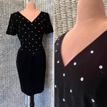 Black Glam Cocktail Dress, Velvet/ Rhinestones, Sheath, V- Neck, Wiggle, Vintage 80s 90s 