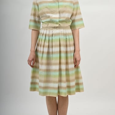 1960s Striped Pastel Green, Brown and White Shirtdress