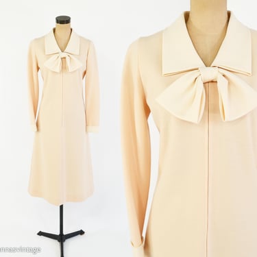 1960s Creme Wool Sheath Dress | 60s Creme Wool Satin Collar Dress | Caroline Originals | Medium 