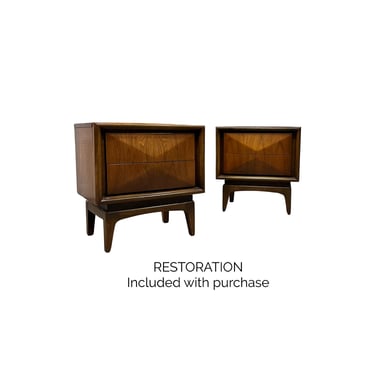 United Furniture Diamond Front Vintage Mid Century Modern Pair of Nightstands c. 1960s 