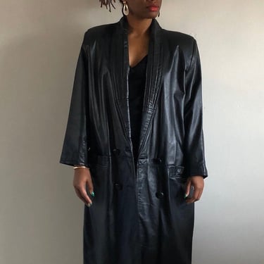 80s leather trench coat / vintage black genuine leather double breasted long pleated collar maxi trench jacket coat | M 