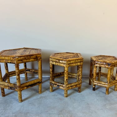 Vintage Tortoiseshell Bamboo Hexagonal Plant Stand / Nesting Tables - Set of 3 