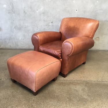 Pottery Barn Burnished Brown Leather Chair & Ottoman
