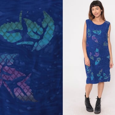 Blue Hawaiian Dress Y2K Tropical Leaf Print Mid Dress Sleeveless Sundress Summer Beach Shift Vintage 00s Rayon Extra Large xl 