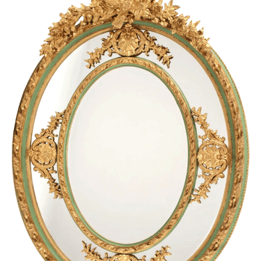 Oval Mirror, Louis XVI Style, Parcel Gilt & Green Painted, Cast Resin, Vintage!