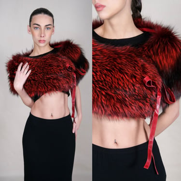 Vintage SALVATORE FERRAGAMO Asymmetrical Ruby & Black Fox Fur Collar Stole | Made in Italy |  100% Genuine Fur | 2000s Y2K Designer Stole 