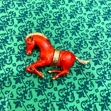 1950s Gold Plate Red Enamel Horse Brooch