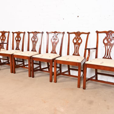 Baker Furniture Style Georgian Carved Mahogany Dining Chairs, Set of Six