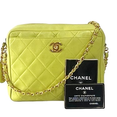 Vintage 90s CHANEL CC Logo Lime Green Quilted Leather Chain Shoulder Crossbody CAMERA Bag - Authentic 