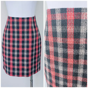 1990s Vintage Petite Sophisticates Red and Grey Plaid Mini Skirt / 90s High Waisted Poly Acrylic Wool Skirt / Size Medium 
