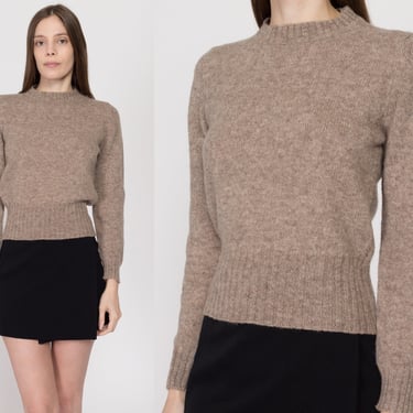 Sm-Med 70s Taupe Cropped Wool Sweater | Vintage Plain Knit Slouchy Pullover Jumper 
