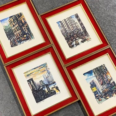 Vintage J.M. Gallais Art 1960s Retro Size 15x13 Mid Century Modern + Ink and Watercolor + New York City + Set of 4 + Framed + MCM Wall Decor 