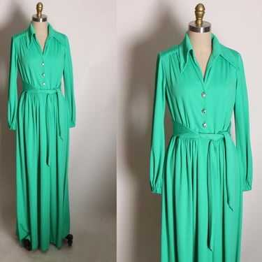 1970s Green Long Sleeve Full Length Rhinestone Faux Diamond Button Up V Neck Belted Waist Sash Dress by Ayres Unlimited -M 