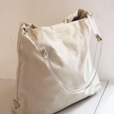 Vintage PRADA White Nylon + Lucite Handle Hobo Bag with Logo Triangle and Leather Details Tessuto Plexi Glass Engraved Y2K 2000s Minimal 