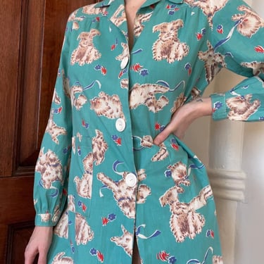 1930’s vintage puppies and kitties teal smock blouse 
