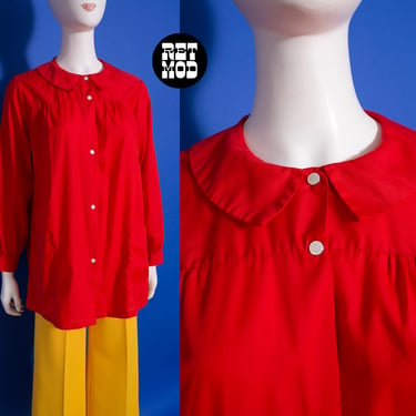Cute Vintage 60s 70s Red Peter Pan Collared Smock Cotton Tunic 