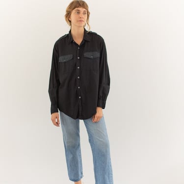 Vintage Black Forest Green Long Sleeve Shirt | Simple Flap Pocket Blouse | 100% Cotton Work Shirt | M L | S005 