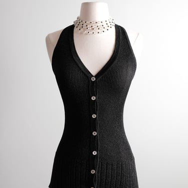 Vintage 1970's Black & Silver Metallic Knit Sweater Vest by Yves Saint Laurent / S