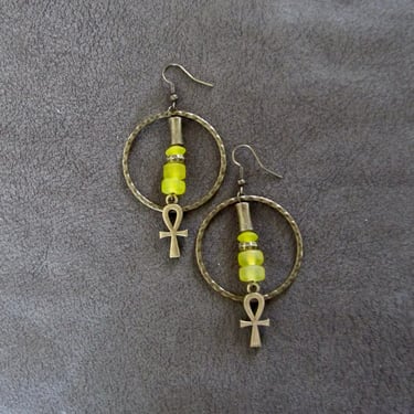 Hoop earrings frosted yellow glass and ankh 