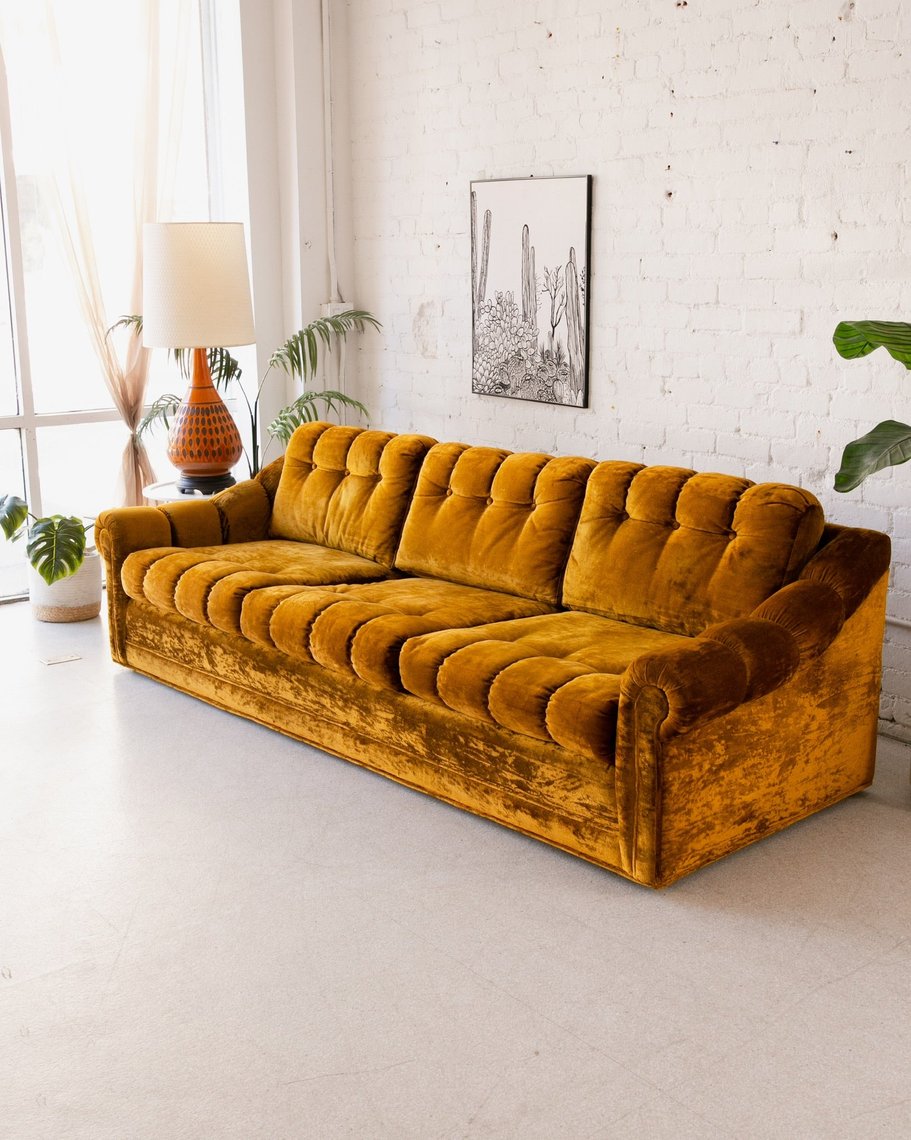 Vintage Gold Velvet Tufted Sofa