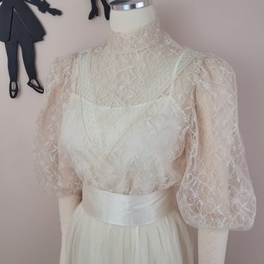 Vintage 1980's Cream Lace Dress / 80s Edwardian Victorian Puff Sleeve Dress S 