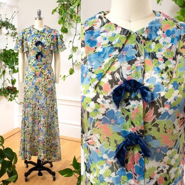 Vintage 1930s Gown | 30s Floral Print Cotton Voile Dagger Collar Velvet Bows Special Occasion Day Lawn Maxi Dress | x-small/small 