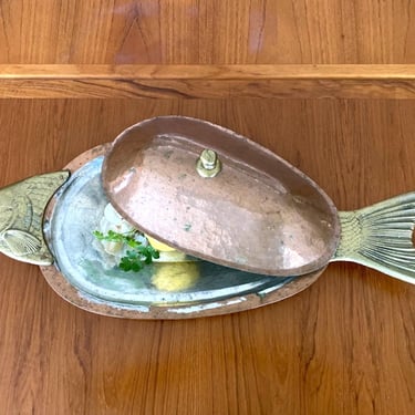extra large hammered copper fish baker - tin lined pan with lid brass accents Turkish 24