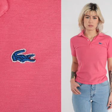 Pink Lacoste Polo 90s Izod Collared Shirt Crocodile Short Sleeve Top Retro Plain Preppy Half Button Up T-shirt Baby Tee Vintage 1990s 2xs 