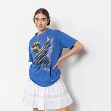 BATMAN VINTAGE TEE Blue Yellow Cartoon Official Bleach Splatter / Medium 