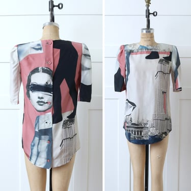 designer Carven silk novelty print blouse • femme fatale noir • pink & gray pinup print 