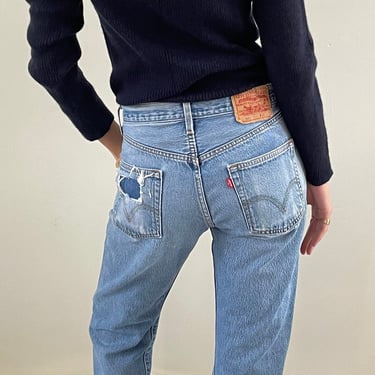 90s Levis 501 faded jeans / vintage light wash faded soft worn torn high waisted button fly boyfriend Levis 501 jeans | 29 x 29 