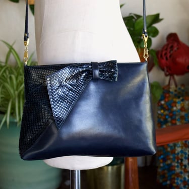 Vintage Salvatore Ferragamo Snakeskin Bow Leather Crossbody Bag  - Early 1980s Designer Navy Blue Leather Purse 