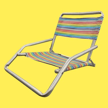 Vintage Beach Chair Retro 1980s Coastal + Rainbow Stripe Fabric + Aluminum Frame + Low Seat Height + Folds Up + Outdoor + Sand + Seating 