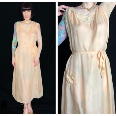 Antique 1920's Light Pink Pongee Silk & Lace Slip Nightgown w/ Beautiful Delicate Scrolling Embroidery - size Medium 