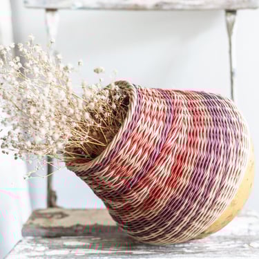 Vintage Handmade Gourd Art Wicker Basket | Gourd and Multi-Color Woven Wicker Decorative Basket | Gourd Art | Flo Hoppe Carnival Art Basket 
