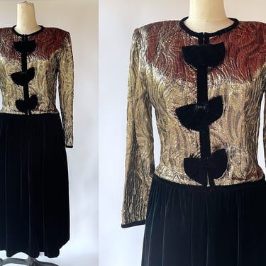 Vintage 1980s Gold Foil Long Sleeve Dress w Velvet Skirt and Bows Down Front / Holiday, Christmas, New Years, Party, Cocktail, Formal, Large 