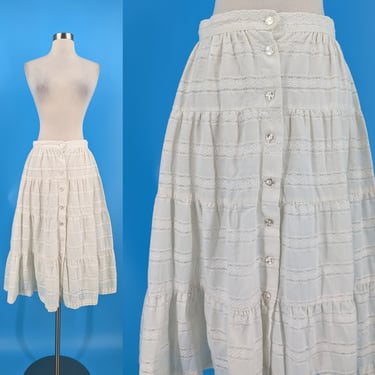 Vintage Seventies White Tiered Lace Button Front Midi Skirt - 70s White XS Summer Mid Length Skirt 