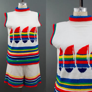 Vintage 1980s Nautical Knit Three Piece Set, 80s Sweater Set, Vintage Knit Set, 80s New Wave, Boho Hippie, Size M/L by Mo