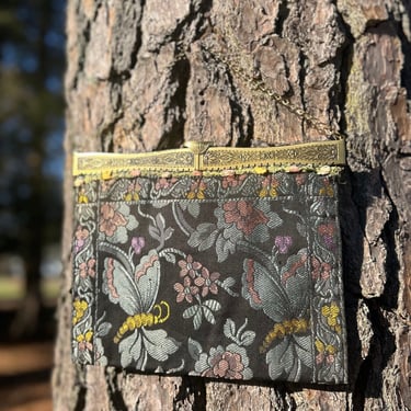 1930s Moth and Floral Silken Tapestry Metal Frame Handbag Vintage 