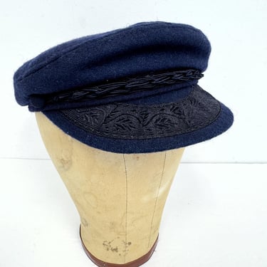 Vintage Greek Fisherman's Cap | Authentic Blue Wool Hat with Braided Trim 