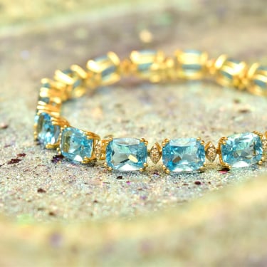 Vintage 14K Gold Blue Topaz Gemstone Link Bracelet, White Gold Diamond Accent Marquise Spacers, 585 Gemstone Tennis Bracelet, 7 3/4" L 