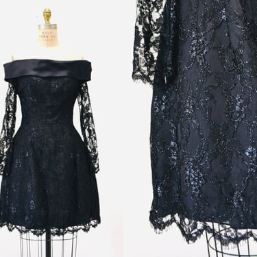 90s 00s Vintage Black Lace Dress off the shoulder Dress by Liancarlo// Black lace Dress XS Small Neiman Marcus 