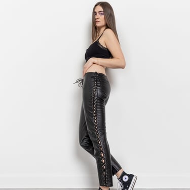 LACE UP LEATHER Vintage Pants Skinny Black Low Rise Ankle 2000's / 40 41 Inch Hips / Size / 8 - 10 