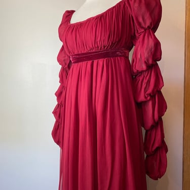 Beautiful 1960’s Ruby red Silk chiffon gown~ timeless gathered Princess cut puffy gathered sleeves 1960’s romantic bohemian dress holiday/ M 