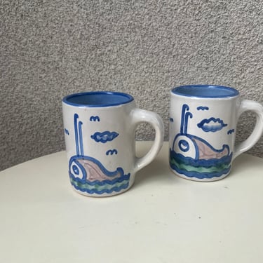 Vintage M A Hadley mugs set 2 folk art whale low tide theme 