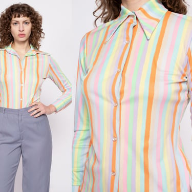 70s Pastel Striped Disco Top - Small | Vintage Long Sleeve Collared Button Up Shirt 