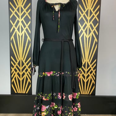 1970s peasant dress, vintage 70s dress, black floral, tiered full skirt, betty Barclay, size medium, prairie style, cottagecore, 29 waist 