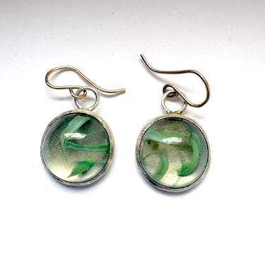 Vintage Marble Earrings Cabochon Set Marble Halves in Sterling Silver 